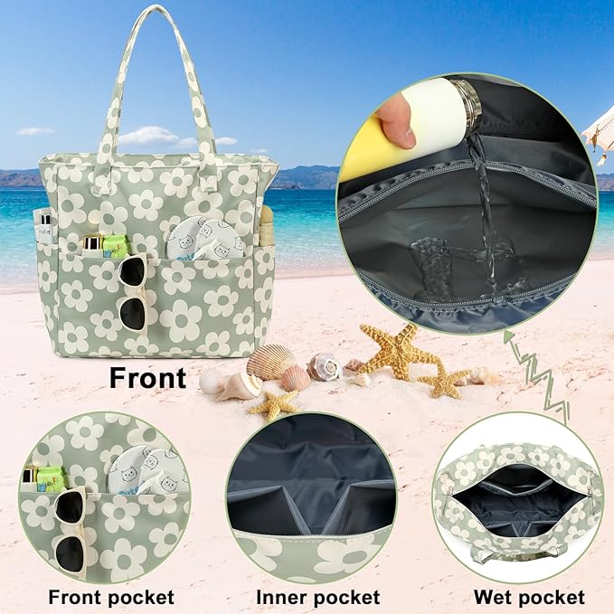 Waterproof Beach Tote Pool Bags for Women Ladies Extra Large Gym Tote Carry On Bag With Wet Compartment for Weekender Travel