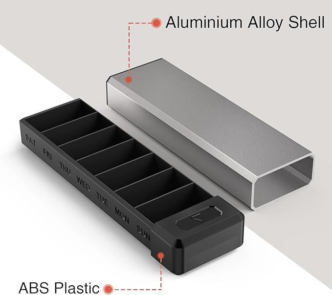 HEIYING Pill Organizer with Aluminum Shell for One Week Capacity, Portable 7 Compartments Pill Box Container to Hold Vitamin, Medicine, Supplements