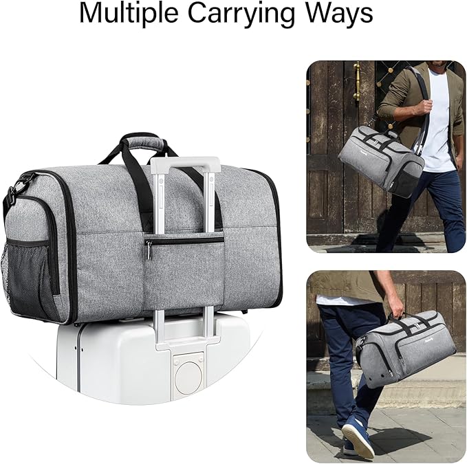 Hanke Carry on Garment Bags for Travel,Convertible Duffle Bag Luggage Bag Weekend Bag with Shoe Compartment,2 in 1 Hanging Suitcase Suit Bag for Men Women,Light Grey