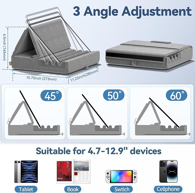 KDD Tablet Pillow Holder, Foldable iPad Stand for Lap, Bed and Desk -Tablet Soft Pad Dock with Pocket & Stylus Mount Compatible with iPad Pro 12.9, 10.5, 9.7 Air Mini 6 5 4 3, Galaxy Tab, E-Reader