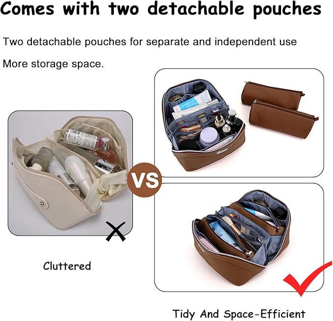 Travel Makeup Bag Organizer Cosmetic Bag: 3 Pcs Set Make up Bags for Women with Handle - Waterproof Vegan Leather Toiletry Bags with Comparments (C-03-Brown)