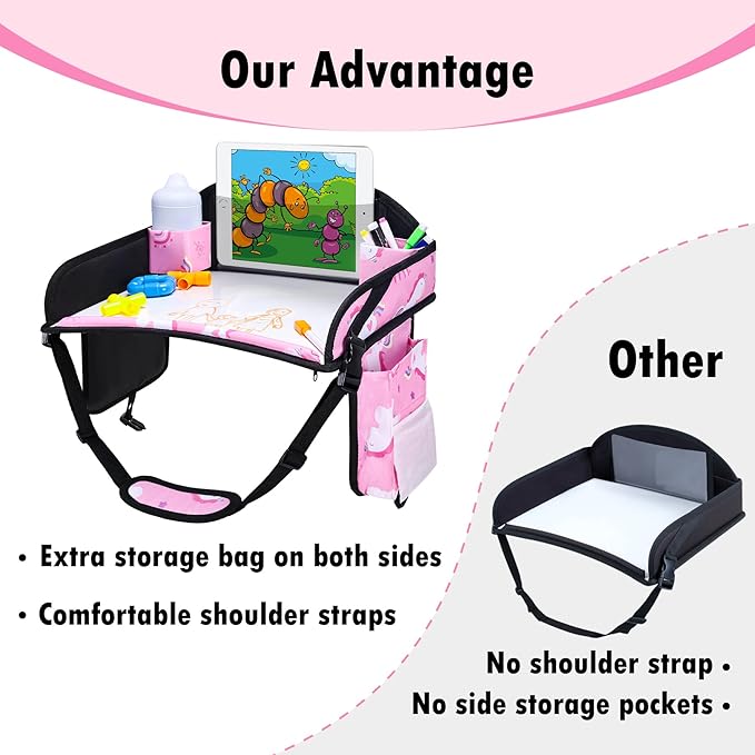3PCS Kids Travel Tray for Airplane - Toddler Car Seat Table Tray, Road Trip Essentials for Boys & Girls, Carseat Lap Desk for Kids Road Trip Activities (Pink/Green-/Purple)