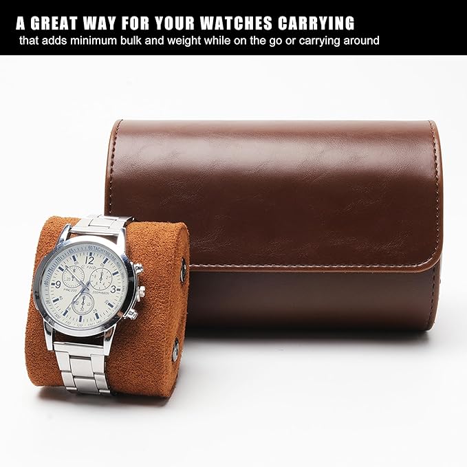 Longjet Watch Roll Travel Case for Men Portable Watches Organizer Box with Removable Velvet Pillow Holder (2 Slot Brown)