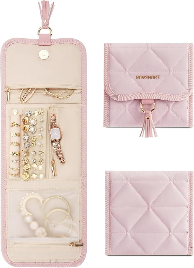 BAGSMART Travel Jewelry Case Organizer, Roll Foldable Jewelry Case for Journey-Rings, Necklaces, Earrings, Bracelets, Brooches, Min, Pink