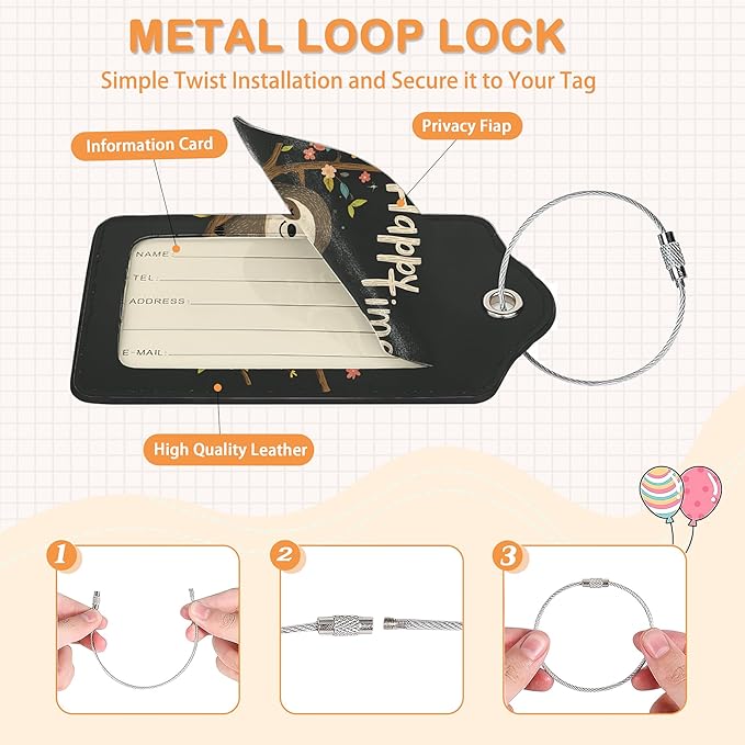 Colorful Sloth Hello 3 Pack Luggage Tags for Suitcases, Happy Sloth Hanging PU Leather Luggage Tag for Travel, Bag Tags with Privacy Name ID Card and Steel Loop for Women Men