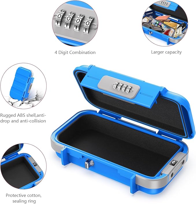 LOFICOPER Portable Safe Box, Portable Security Case, Waterproof Combination Lock Box for Travel, Small Personal Beach Safe with Removable Chain, for Travel, Hotel, Riding, Blue