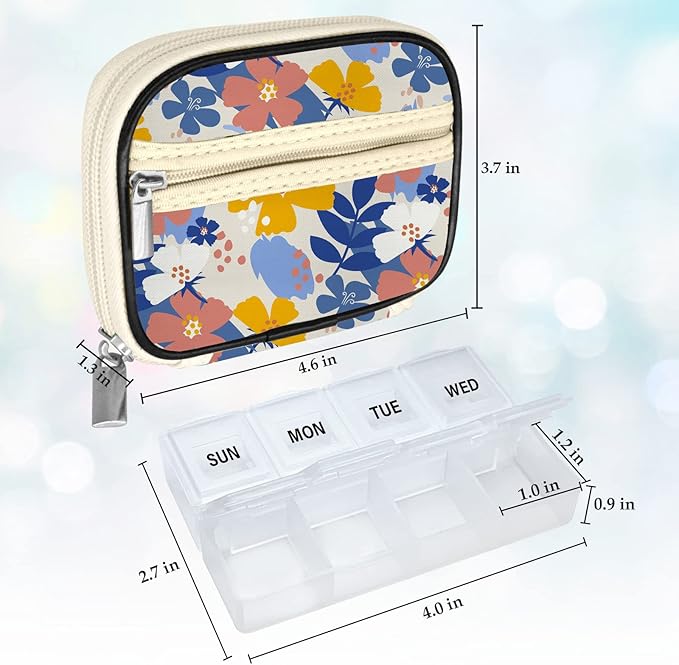 Serfeymi Weekly Travel Pill Organizer Pill Case for Purse with Removable 7 Day Pill Box, Fashionable Travel Medicine Organizer Pill Container for Medicine, Vitamin, Supplement - Bloom 02