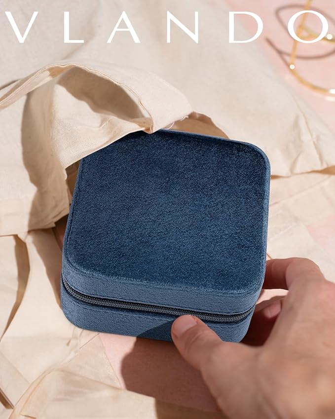 Vlando Velvet Jewelry Case, Travel Box for Women, Portable Organizer With Mirror - Small, Dark Blue