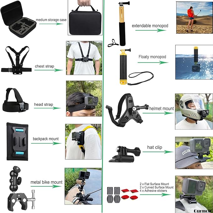 Gurmoir Accessory Kit for Osmo Action 5 pro 4/Insta 360 X5 X4 X3/Go Pro Hero13 12/Gopro Max 2/, Bike Mount/Hat Clip/Helmet Strap/Backpack Mount kit for Gopro/Osmo Action/Insta 360(DT18)
