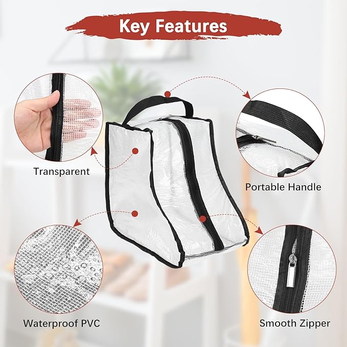 Boot Storage Bags [2PCS] - Plastic Short Boot Carry Bags Clear Shoe Bags with Handle for Travel & Daily Use - [Black] Waterproof & DustProof Boot Bags for Cowboy Boots