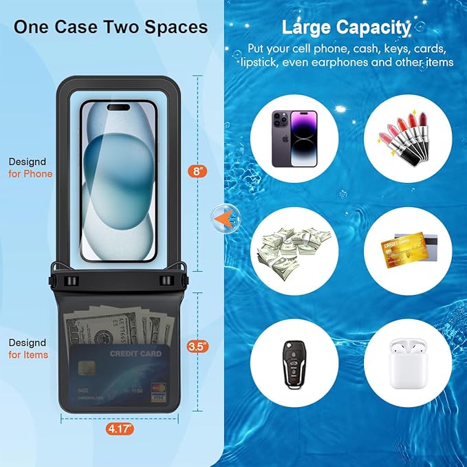 Double Space Waterproof Phone Pouch, 2 Pack Waterproof Phone Case with Lanyard for iPhone 15 Pro Max Galaxy S23 Pixel 7a up to 8.5’’, Cellphone Dry Bag for Beach Vacation