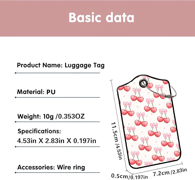 Luggage Tags for Suitcases, 2-Pack PU Leather for Cruise & Travel, Baggage ID Tags with Privacy Cover & Address Card, Durable Metal Ring, Kids Adults Travel Accessories, Sweet Bow Cherries
