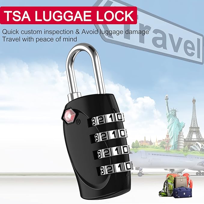 ZHEGE Luggage Locks TSA Approved, Zipper Locks for Suitcase, Backpack, Tent, 4 Digit Small Combination Padlocks for Travel, Gun Case, Gym Lockers (Black, 2 Pack)