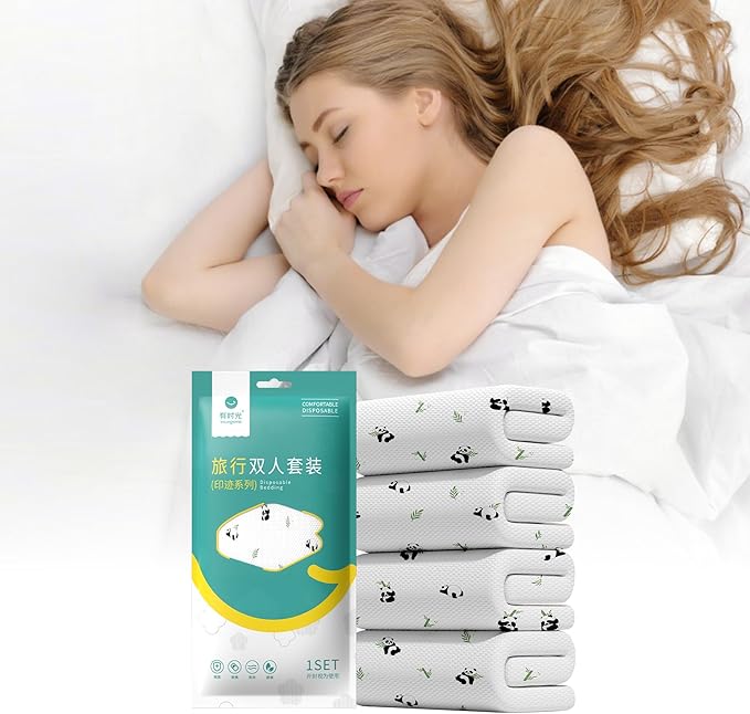 YOUNGTIME Disposable Bed Sheets, Quilt Cover and Pillow case Set for Hotel and Travel,Portable Ready to use Bedding Set Travel 4-Piece Double,Panda
