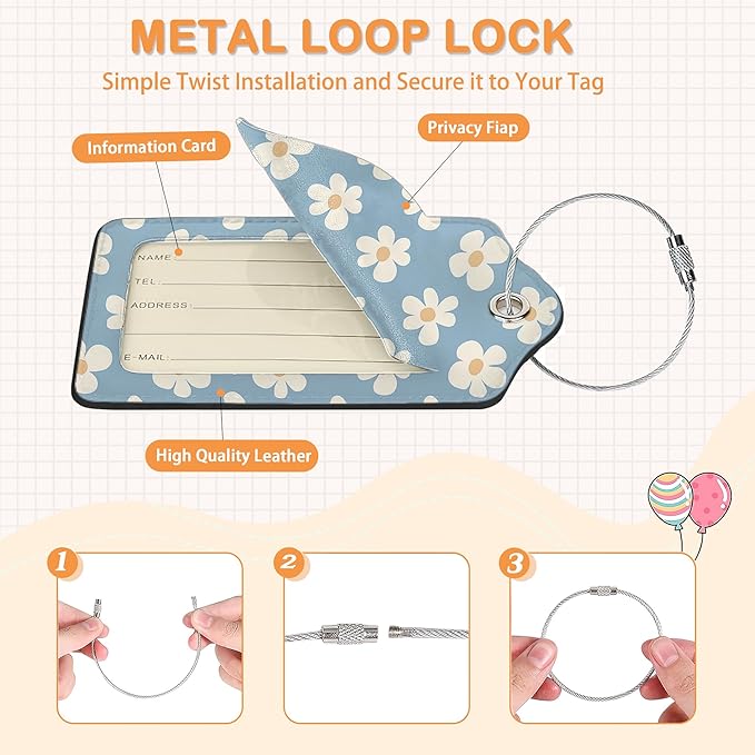 Retro Cream Daisies PU Leather Luggage Tags for Suitcase, Colorful Floral Travel Cruise 3 Pack with Privacy Flap, Name ID Label and Metal Loop for Women Men Girls Baggage Bag Backpack