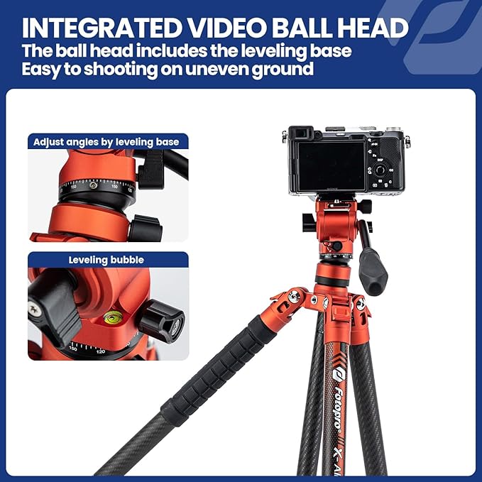 Fotopro 62 Inch Carbon Fiber Tripod 2.3lbs Ultralight Portable Travel Video Tripod for Camera DSLR Lightweight Load up to 22lbs X-Aircross 3 Video Orange