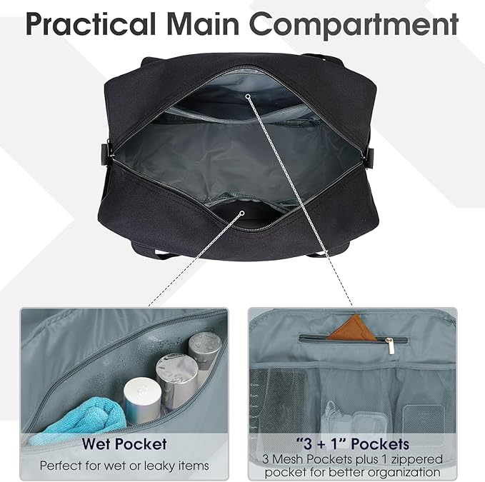 Narwey 18" Carry on Bag Underseat for Airplane Spirit Airlines Personal Item Travel Bag 18x14x8 Small Duffle Bag Duffel Bag Gym Weekender Overnight Bag with Wet Pocket for Women and Men (Black)