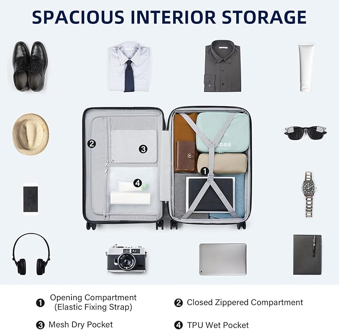 Hard Shell Suitcases Travel Expandable Luggage, 24 Inch Check in Luggage with Spinner Wheels Cup Holder Charger Built in, Checked Medium Suitcase Lightweight Suitcases, Caribbean Blue