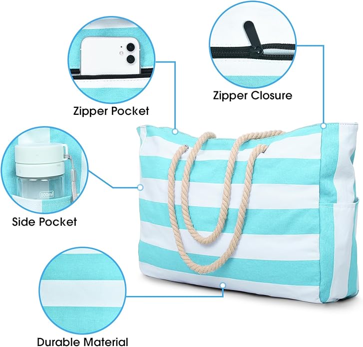 Becokan Beach Bag Large Beach Tote Bag for Women Waterproof Sandproof Swim Pool Bag With Zipper