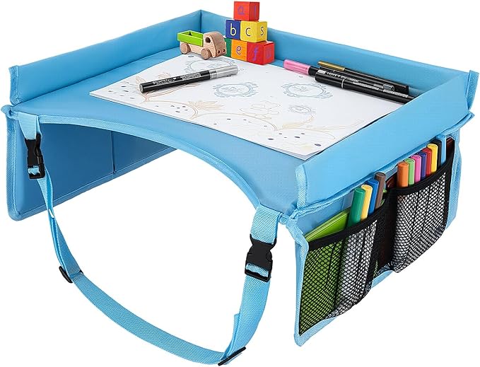 Children Auto Lap Pad - Travel Tray Tablet Holder，Car Seat Lap Tray for Toddlers, Kids，Use on Airplanes, Road Trips, Lap Desk，Tablet Holder and Carry Bag (Blue)