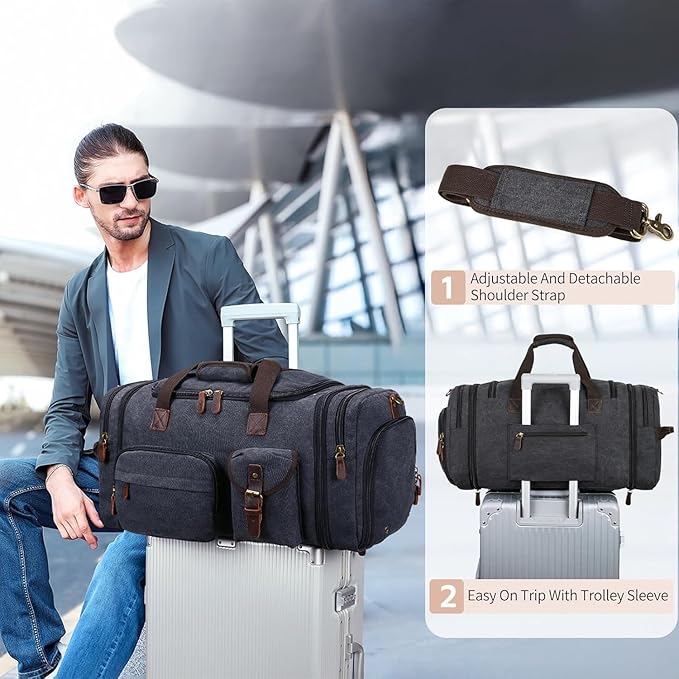 Mens Duffle Bag for Travel 3Pcs Set Travel Bags for Men 60L Expandable Canvas Bag (Dark Gray)