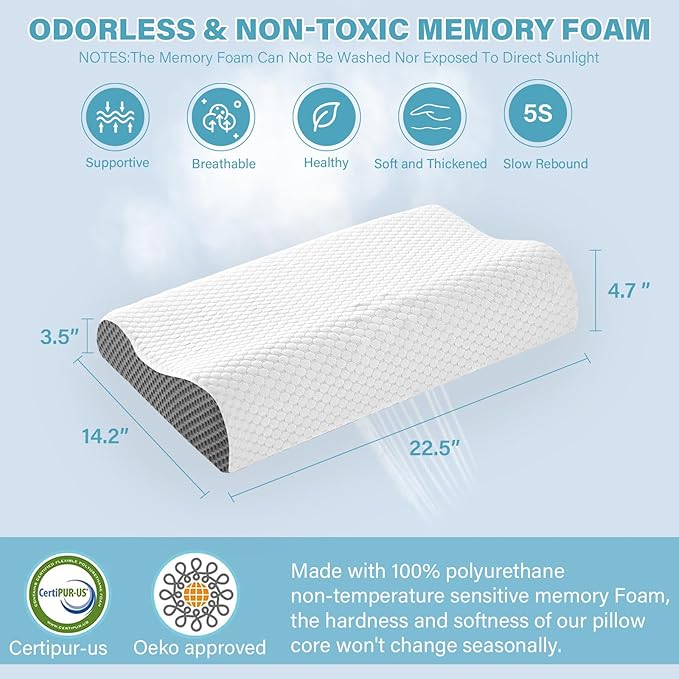 Cooling Pillows Queen Size Set of 2, Memory Foam Bed Pillows for Sleeping, Ergonomic Cervical Pillow for Neck and Shoulder Pain Relief, with Pillowcase（Grey）