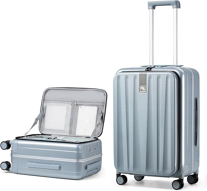 Hanke 24 Inch Checked Luggage Front Opening Rolling Suitcase Hard Sided Luggage with Spinner Wheels for Travel Woman Men.(Grey)