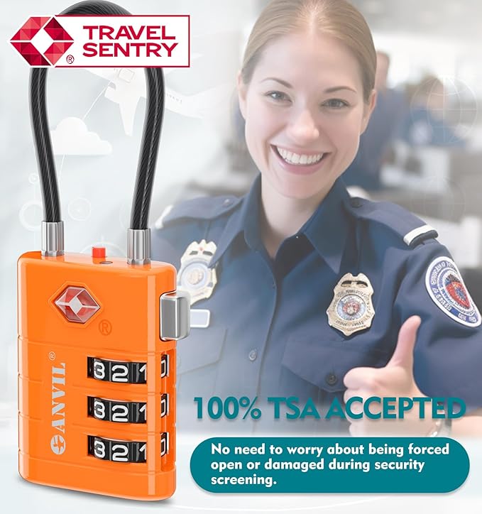 ANVIL TSA Approved Luggage Locks – High Security TSA008 Combination Travel Locks with Inspection Indicator for Suitcases and Backpacks. (3, Orange)