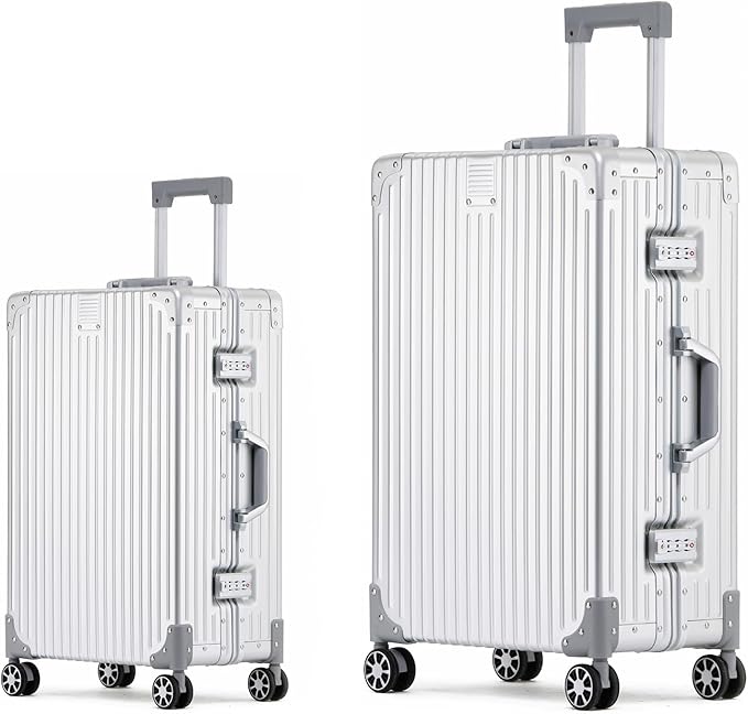 Metal All Aluminum Carry-on Luggage TSA Customs Lock Zipperless Silent Rotary Wheel Business Suitcase Aluminum Frame Set (silvery, 2Piece(20/26))