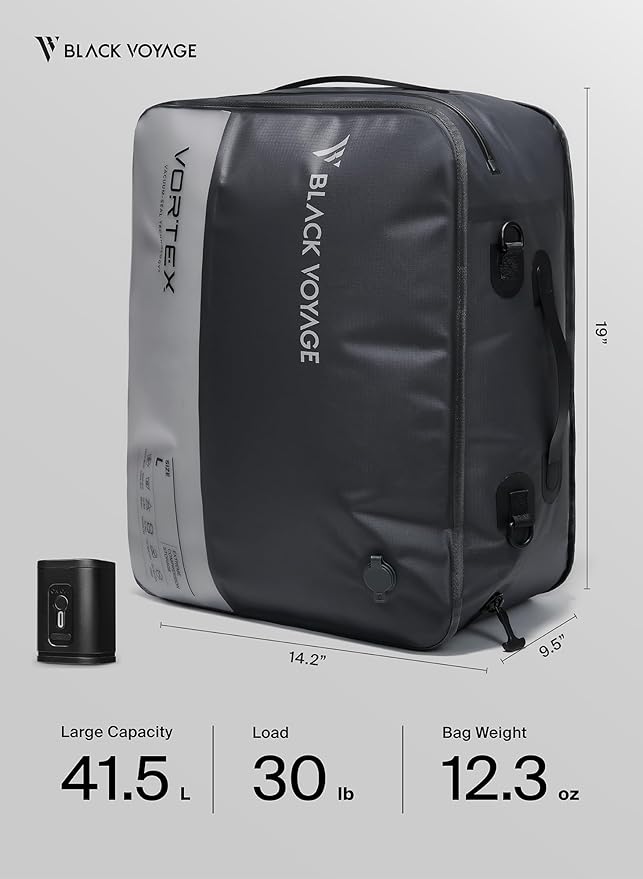 Black Voyage Reusable Vacuum Compression Travel Bag for Carry-On Suitcase and Backpack, Recycled IP67 Waterproof Space Saver Vacpack (2-Pack, 41L - Pump Included)
