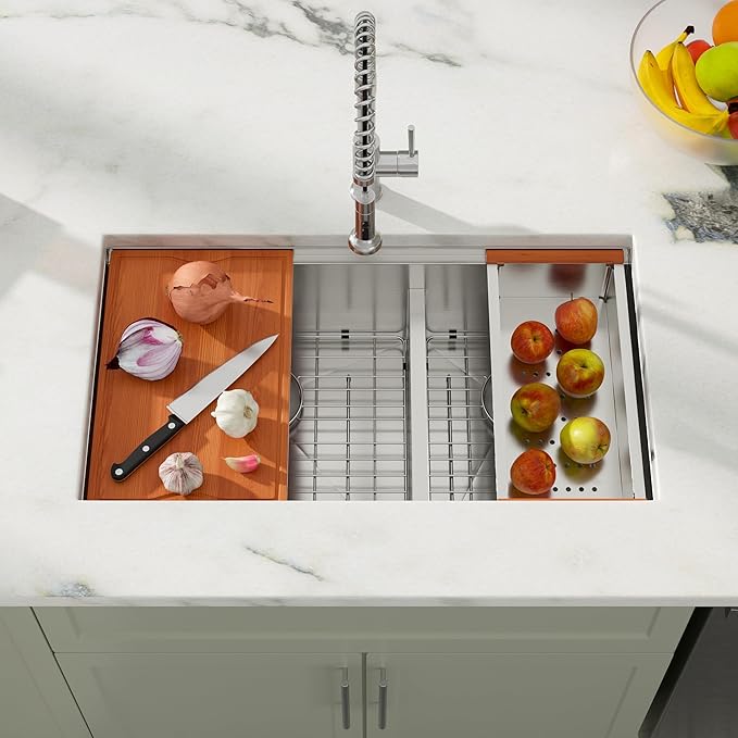 Dcolora 36 Inch Large Double Bowl Low-Divide Kitchen Sink Undermount 16 Gauge Stainless Steel 60/40 Split with Workstation, 36"x19"x10" Double Basin, DC-U7739