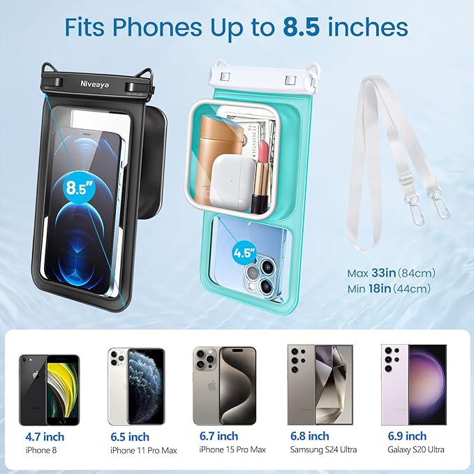 Niveaya 2 Pack IPX8 Waterproof Phone Pouch, Large Space Cell Phone Pouch Floating, Water Proof Phone Case with Lanyard, Phone Dry Bag Beach Cruise Ship Essentials(Up to 8.5")