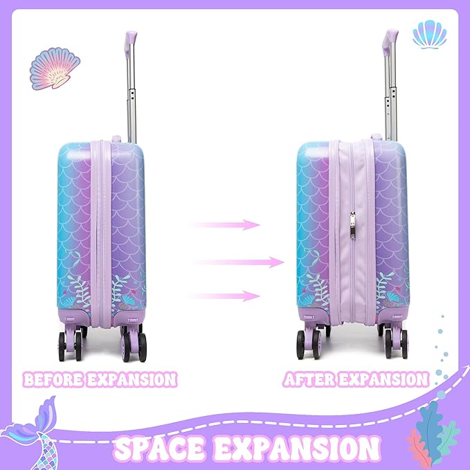 Cute Mermaid Kid’s Luggage Set 5 Piece Suitcase Set 16’’ Hardside Luggage with Spinner Wheels Girls Carry on Toddler Luggage Travel Rolling Suitcase Airline Approved