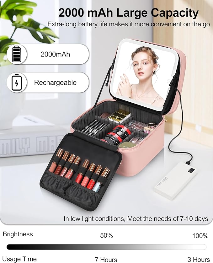 Travel Makeup Bag with LED Mirror Double Layer Makeup Case with Lighted Mirror Dual Layer Cosmetic Train Case Portable Artist Organizer Bag with Dividers and Rechargeable Vanity (Pink, Small)