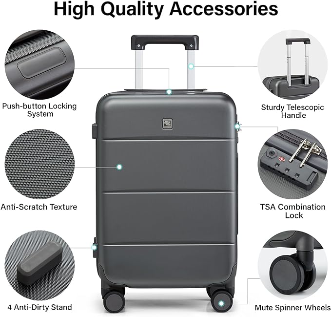 Hanke 20 Inch Carry On Luggage 22x14x9 Airline Approved PC Hard Shell Suitcases with Wheels TSA Luggage for Women Men Lightweight Travel Luggage(Graphite Grey)