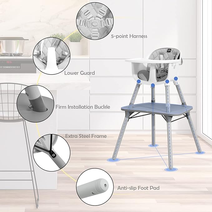 HONEY JOY 5-in-1 High Chair, Convertible Highchair for Babies and Toddlers/Kids Chair Table Set/Infant Feeding Chair w/Safety Harness, PU Leather Cushion & Removable Food Tray (Gray)