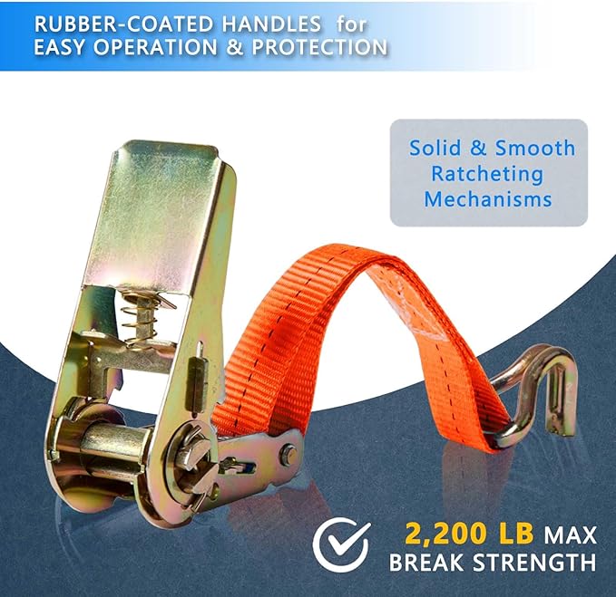 Ratchet Straps (4-Pack), 1 Inch x 16.4 Feet (2200lb Break Strength) with Sturdy Metal Hooks, 1x Work Gloves, Heavy Duty Tie Down Straps for Truck, Cargo Trailer, Motorcycle, Luggage, Moving (Orange)