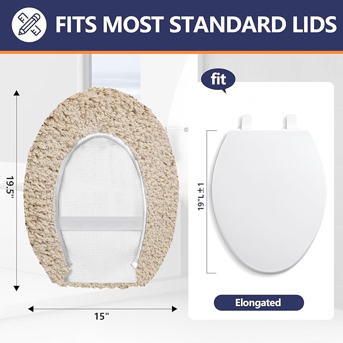 Microfiber Elongated Toilet Seat Cover 19.5"x 15" Machine Washable Solid Toilet Lid Cover Adjustable Rubber Backing Fits Most 18-19.5" L x 14-16" W Elongated Toilet Seat