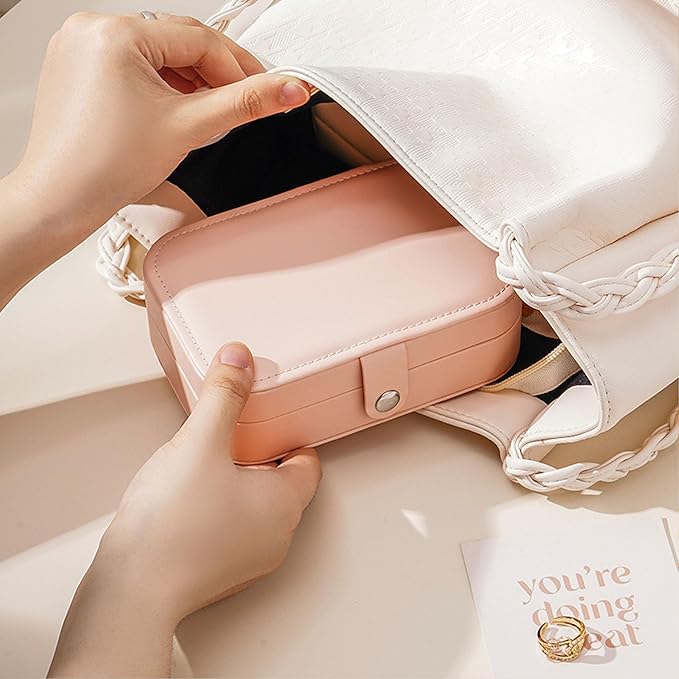 Travel Jewelry Box,Jewelry Travel Case, Small Jewelry Box,2 Layer Travel Jewlery Case, PU Leather Mini Portable Jewerly Storage Display Holder for Earrings, Ring, Necklaces, Bracelets (Pink)