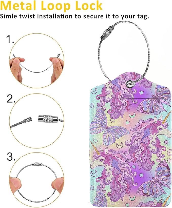 Multicolored Unicorn Luggage Tags for Suitcases,2 Pack Luggage Tag, Leather Stainless Steel Loop Label Tag for Women Girl Travel Bag Suitcase