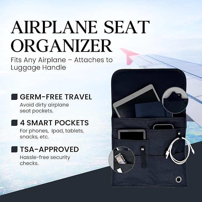 SO~MINE Airplane Pocket Organizer | Tray Table Cover | In Flight Seat Back Organizer Bag | Commuter Essential Travel Bag | Media Pouch For Flying | Travel Gift | Attaches To Luggage