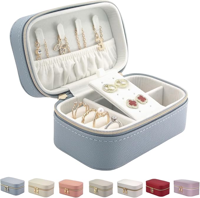 Small Jewelry Travel Case For Womens Small Rectangle PU Leather Jewelry Box With Zipper 2.56" H Portable Travel Jewelry Case For Earring Rings Necklaces Bracelets Blue Jewelry Gifts Box