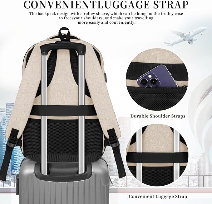 Beige Backpack for Men Women, School Backpack for Boys Girls Teens, 15.6 Inch Laptop Backpacks with USB Port, Water Resistent Book bag, Work College Bookbag, back pack, Mochila para hombre