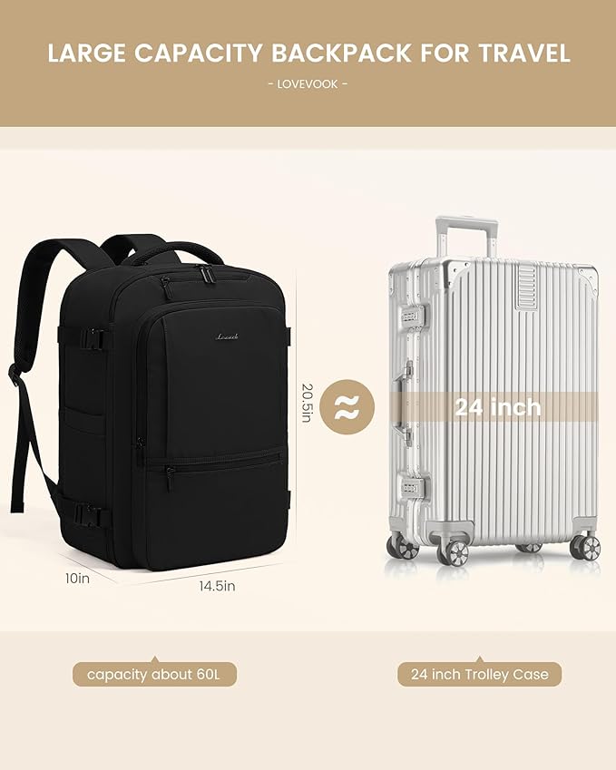 LOVEVOOK Travel Backpack for Women & Men, 60L Large Carry On Backpack Airline Approved, TSA Personal Item Weekender Bag, Water Resistant Laptop Backpacks with 3 Packing Cubes for Travel Essentials