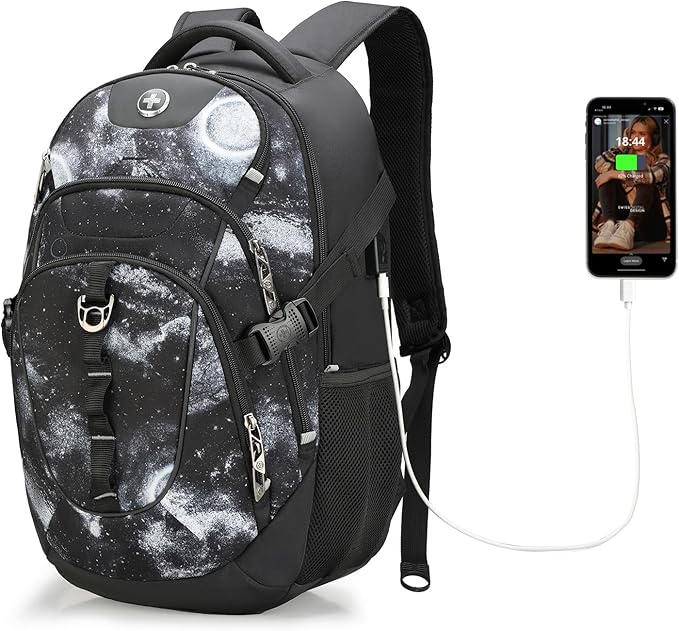 Swissdigital Laptop Backpack with USB Charging Port, Travel Backpack Fits 15.6 inches Computer, 31L Backpack for Men, Starry Sky | SD803
