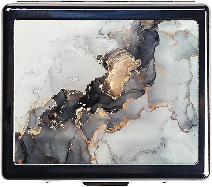 Silver Vintage Pill Box 7 Day Metal Pill Box with Mirror and 8 Compartments Cute Travel Pill Organizer for Purse (Black Gold Abstract Marble)