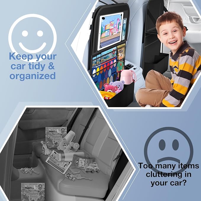 Car Backseat Organizer with table Tray, 9 Storage Pockets Backseat Car Organizer with Tablet Holder, Back seat Organizer for Kids Road Trip Essentials Travel (1Pack)