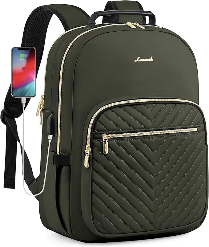 LOVEVOOK Laptop Backpack Purse for Women, Work Business Travel Computer Bags, College Nurse Backpack for Womens, Quilted Casual Daypack with USB Port, Fit 15.6 Inch Laptop, Army Green