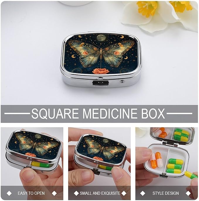 Metal 2 Compartment Pill Organizer Travel Friendly Portable Compact Pill Box Cute Pill Case to Hold Vitamins,Fish Oil,Supplements,Meds,Tablet for Purse,Pocket. (Butterflies in The Night)
