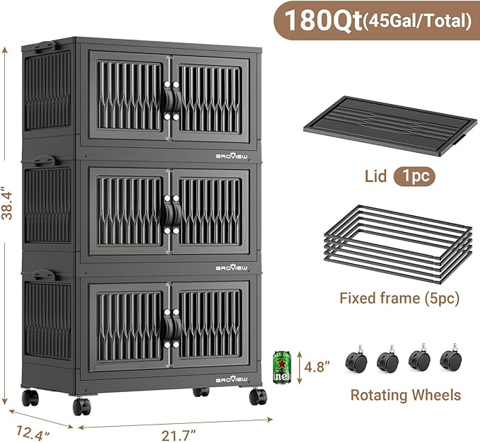 BROVIEW 180Qt Stackable Storage Bins with Lid, Extra Large Closet Organizer Collapsible Drawer Boxes with Wheels, Folding Plastic Cabinet Containers for Home Kitchen Room Organization, 3Pack Black